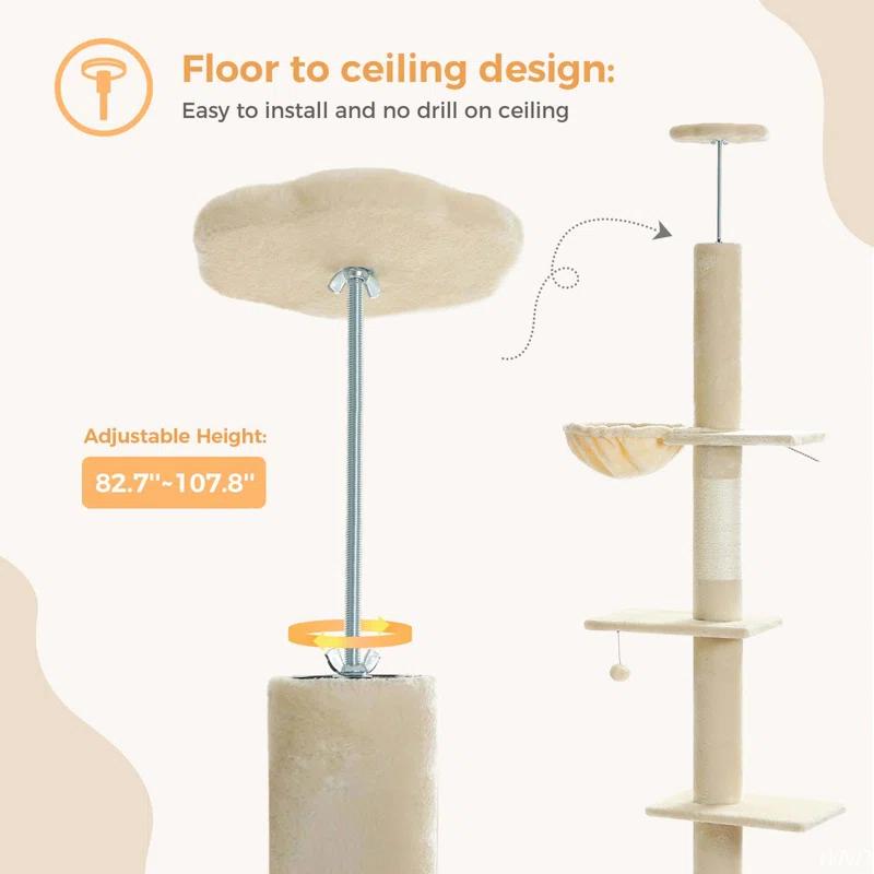 Adjustable Height Floor To Ceiling 5-Tier Tall Cat Tree Tower For Indoor Cats With Cat Condo, Cat Scratching Post And Cat Ladder