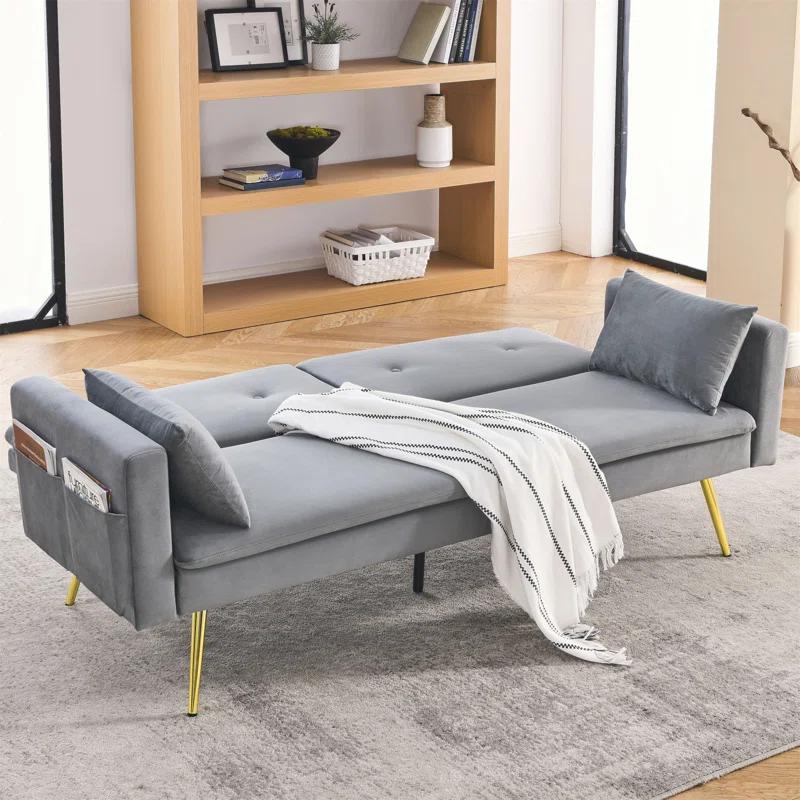 Mercer41 72.5"  Convertible Sofa Bed, Adjustable Velvet Sofa Bed - Velvet Folding Lounge Recliner - Reversible Daybed  - Ideal For Bedroom With Two Pillows And Center Leg