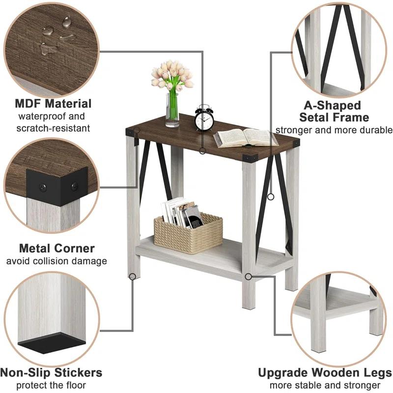 Gracie Oaks Farmhouse End Table For Small Spaces, Narrow Side End Table With Storage Shelf, Rustic A-Design Nightstand Sofa Table For Living Room, Bedroom 2 Pack