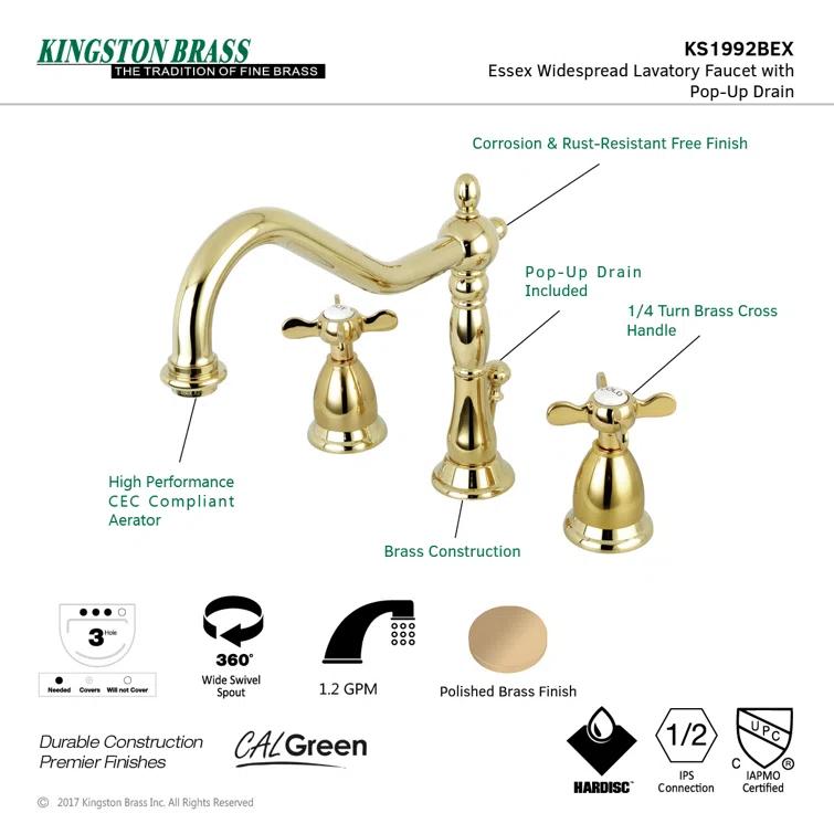 Kingston Brass Kingston Brass Essex Two-Handle 3-Hole Deck Mount Widespread Bathroom Faucet with Brass Pop-Up Drain KS1992BEX