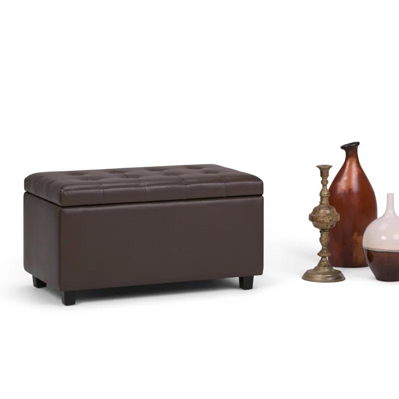 Simpli Home Cosmopolitan 34"W Upholstered Storage Ottoman with Tufted Design and Large Interior Storage