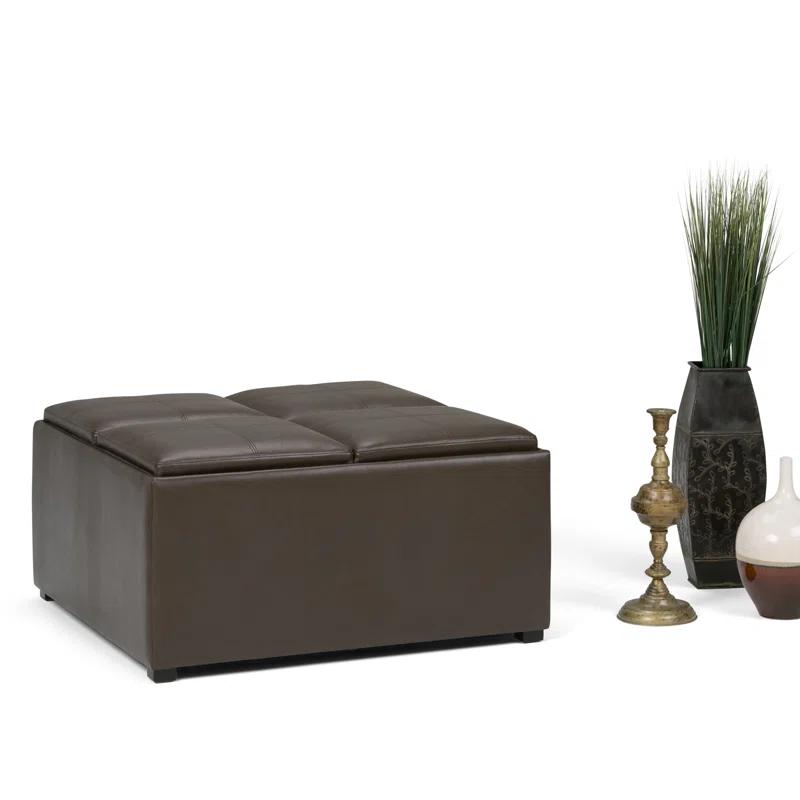 Simpli Home Avalon 35"W Upholstered Square Coffee Table Storage Ottoman with Flip-Over Trays