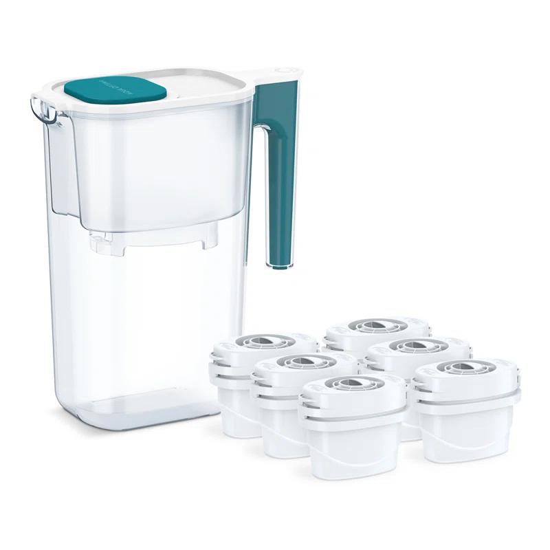 Aqua Optima Perfect Pour 6 Cup Water Filter Pitcher By Aqua Optima, Ergonomic, Eliminates Splashes And Spills, Bpa Free, Wqa Certified, Includes 6 Evolve+ Water Filters, Blue