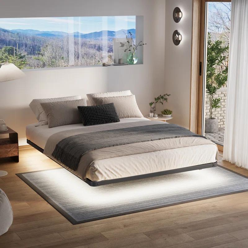 Alwyn Home Floating Bed Frame With Led Lights Metal Platform Bed, No Squeak