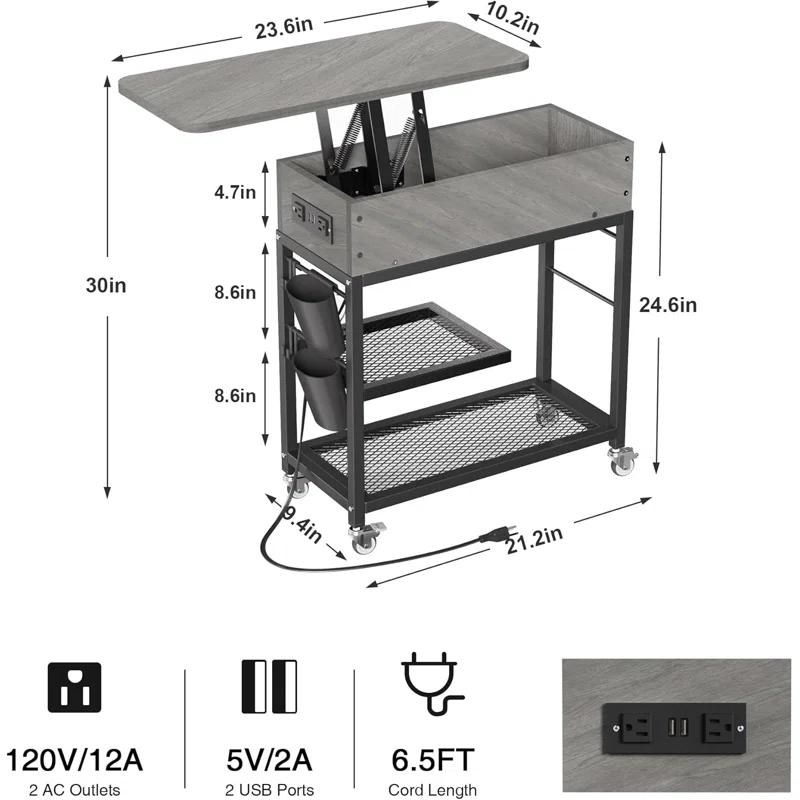 17 Stories Lift-Top End Table With Charging Station, Sofa Side Table, Nightstand With Wheels And USB Ports For Living Room, Bed Room, Study