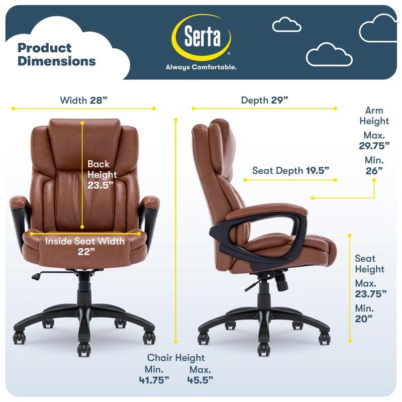 Serta Serta Garret Executive Office Chair, Ergonomic Lumbar Support, Semi-Plush Cushion, Body Pillows