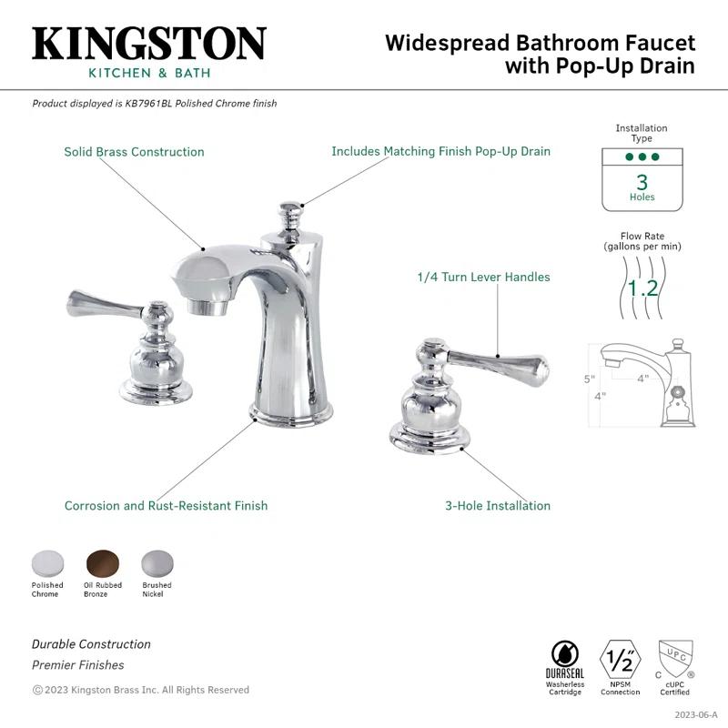 Kingston Brass Vintage Two-Handle 3-Hole Deck Mount Widespread Bathroom Faucet with Retail Pop-Up Drain