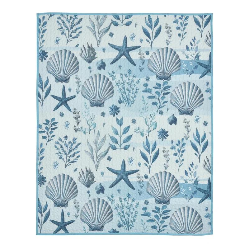 De Leon Collections Ocean Serenity Sea Starfish Seashell Blue & White Nautical 60” x 50” Decorative Quilt Throw Blanket