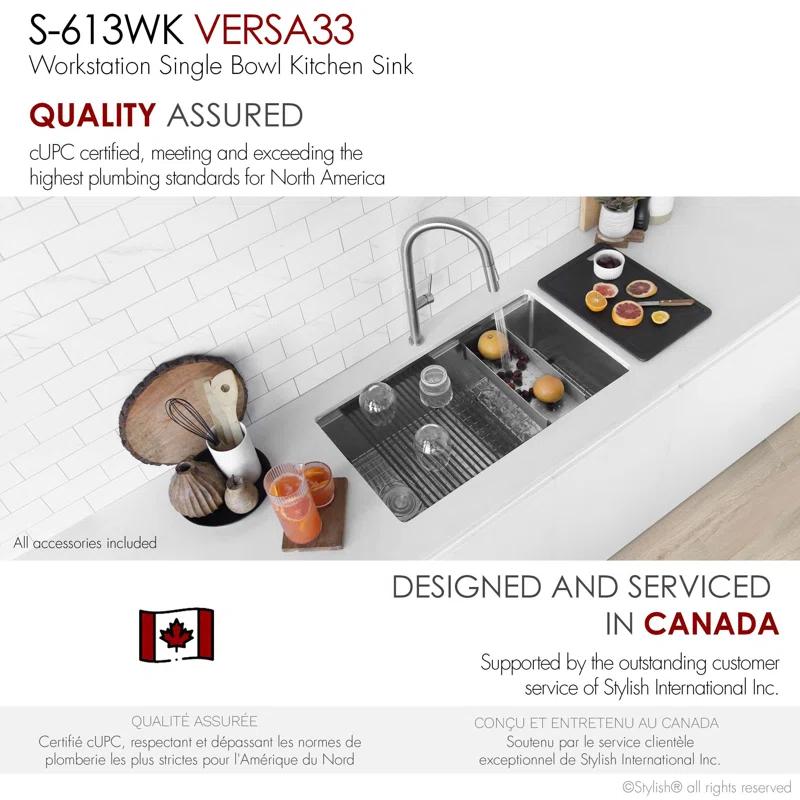 Stylish Versa33 Undermount 33" Workstation 16-gauge Single-Bowl Kitchen Sink