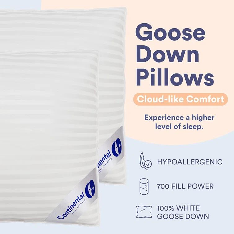 Continental Mfg. Co. Superior Down 700 Fill Power Hungarian White Goose Down Pillow, 2 Pack (Set of 2)