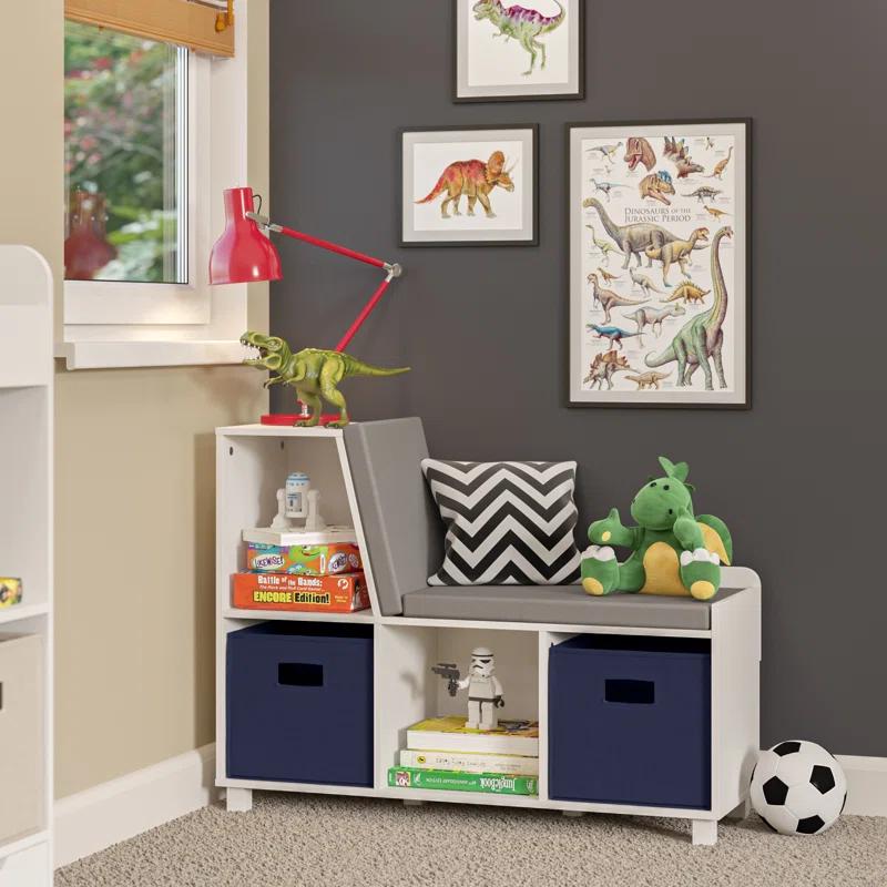 RiverRidge Home RiverRidge Kids Reading Book Nook Cushioned Toy Storage Bench with Cubby Organizers and 2 Fabric Bins- White