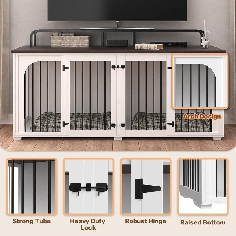 Tucker Murphy Pet™ 74.8" XXL Double Dog Kennel Furniture For Large Breed,Heavy Duty Wooden Dog Crate Cage Furniture Style With Storage Rack And Divider For 2 Dogs Indoor,White & Reviews | Wayfair