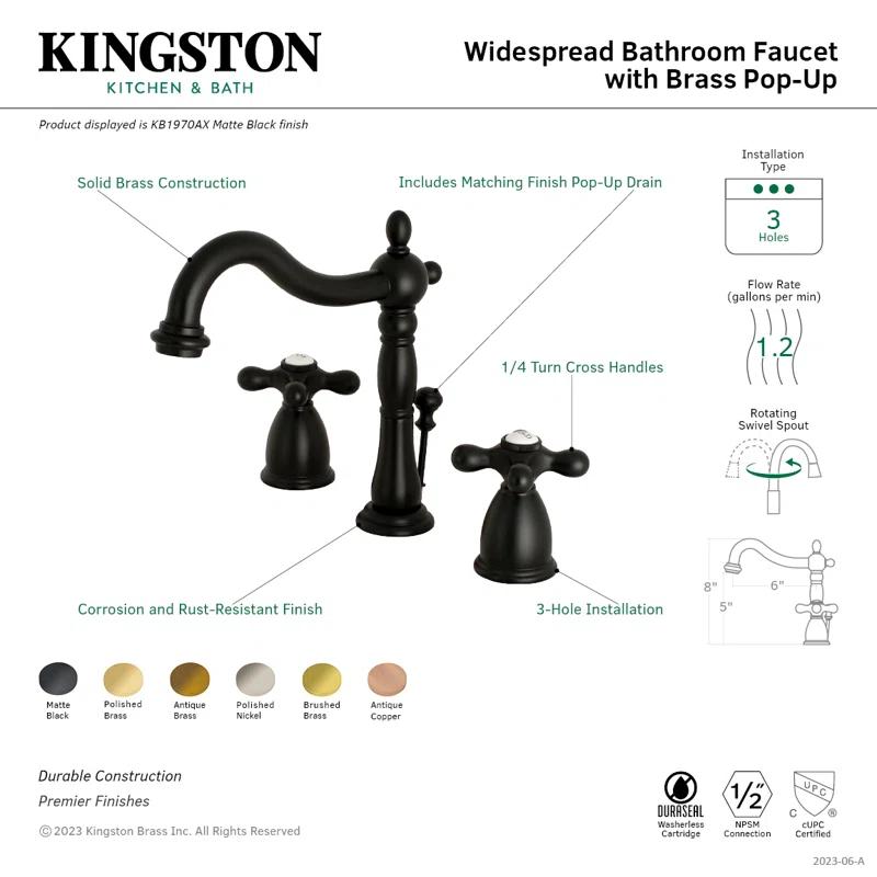Kingston Brass Heritage Two-Handle 3-Hole Deck Mount Widespread Bathroom Faucet with Pop-Up Drain