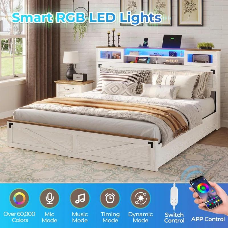 Ivy Bronx Farmhouse Bed Frame King Size With Bookcase Headboard And 2 Drawers, Wooden Platform King Bed With Led Lights And Charging Station, Rustic Accent Headboard With Sliding Door, White