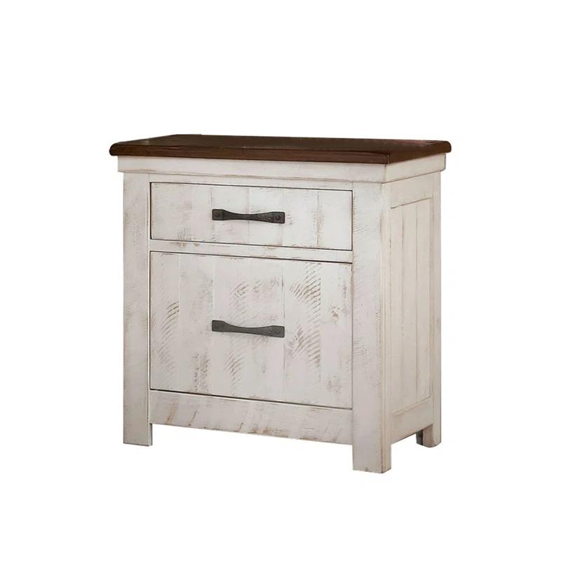Bloomsbury Market 3 Drawers Nightstand with USB Chargers, Distressed White and Walnut