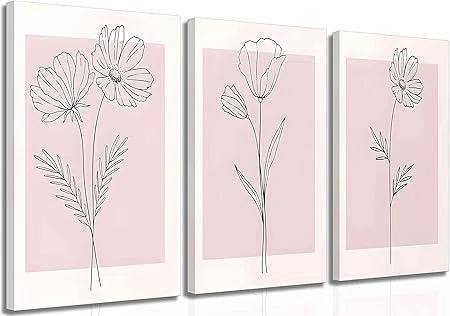 Lark Manor™ 3 Pieces Minimalism Botanical Canvas Wall Art Pink Flowers Line Plants Pictures Wall Decor Posters Print Artwork For Girls' Room Living Room Bedroom Bathroom Office Home Decoration