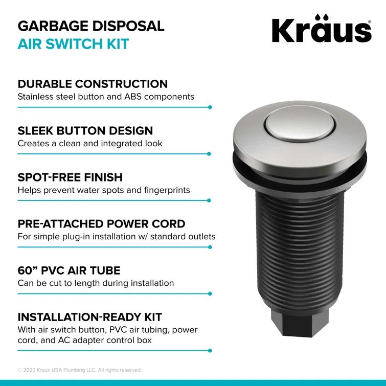 Kraus KRAUS Garbage Disposal Air Switch Kit with Push Button, AC Adapter, Power Cord, and Air Tube Included