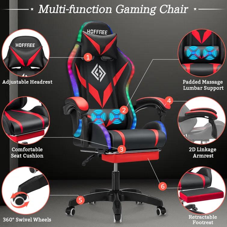Hoffree Hoffree Massage Ergonomic Gaming Chair with Bluetooth Speakers and RGB LED Lights