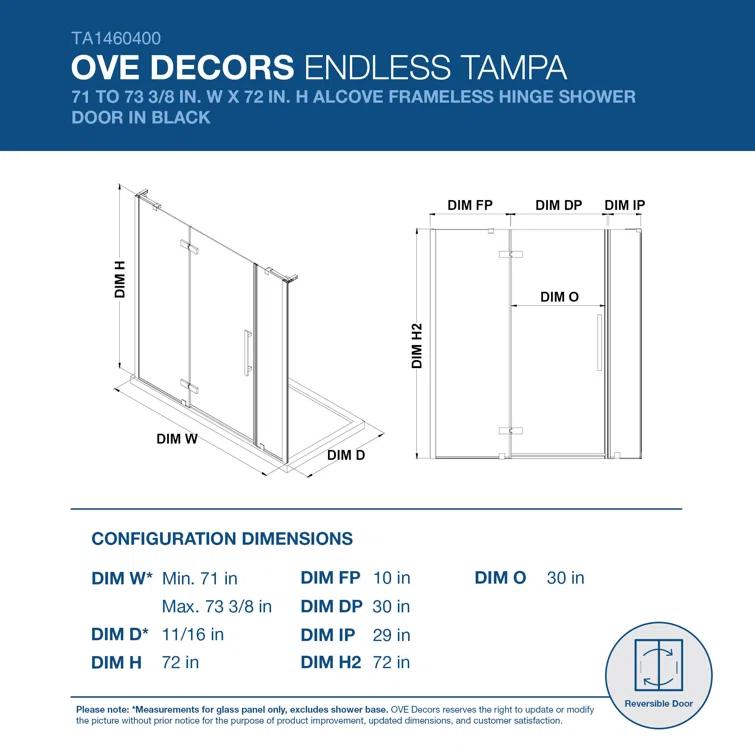 Ove Decors Endless Tampa 73" W x 72" H Alcove Frameless Shower Kit, Door, 2 Panel TA1460400