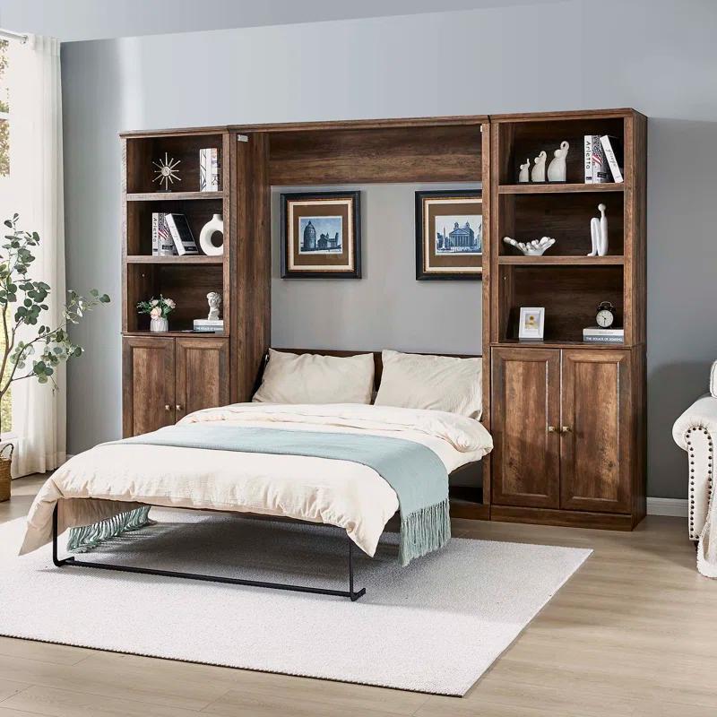 LOONGFIELD Full Size Half Self-Close And Open Murphy Bed With 2 Side Cabinet Storage Shelf, Cabinet Space-Saving Bed Perfect For Guest Room, Bed Room, Guest Room, Home Office