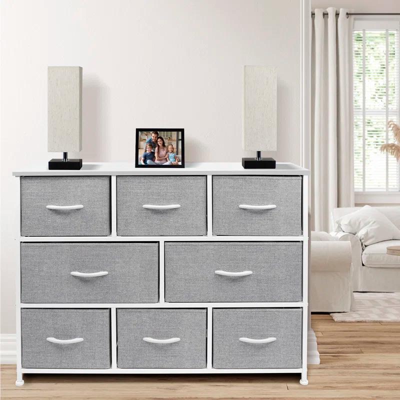 Sorbus Sorbus 8 Drawers Wide Dresser with Steel Frame, Wood Top, and Fabric Bins in White