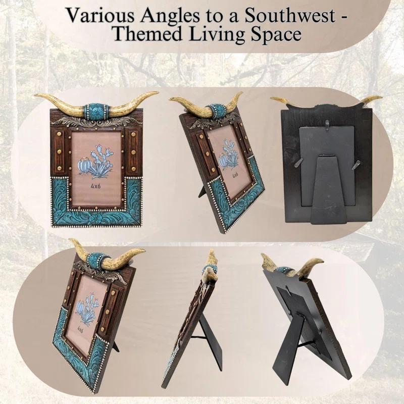 Union Rustic Rustic Southwestern Picture Frame with Tooled Leather and Faux Horns Accents