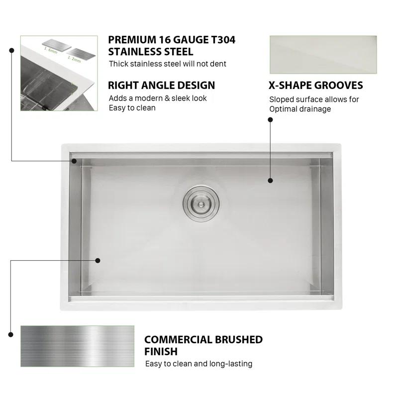 Sarlai S-LUS3319A1 33" L x 19" W Undermount Kitchen Sink Single Bowl 16 Guage Stainless Steel Workstation Sink with Accessories