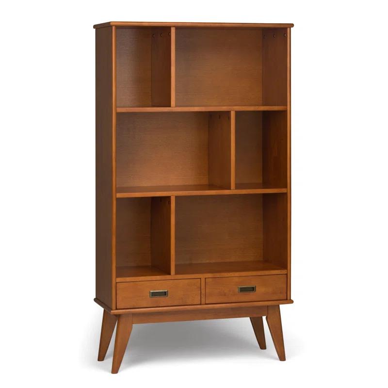 Simpli Home Draper 35"W Solid Hardwood 6 Shelf Compartment Mid-Century Modern Wide Bookcase with 2 Drawers