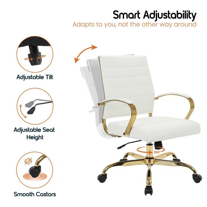 Everly Quinn Naudain Leather Office Chair – Modern Executive Swivel Task Chair with Wheels, Adjustable Height & Padded Arms for Desk or Conference Room