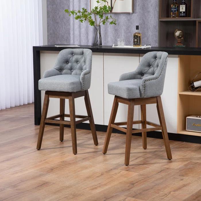 George Oliver Bar Stools Set of 2 Counter Height Chairs with Footrest for Kitchen, Dining Room And 360 Degree Solid Wood Legs Swivel Bar Stools Set of 2(Linen)