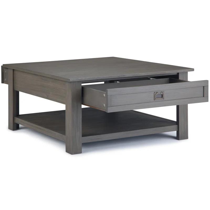Simpli Home Monroe 38"W Solid Acacia Rustic Square Coffee Table with Large Drawer and Open Shelf