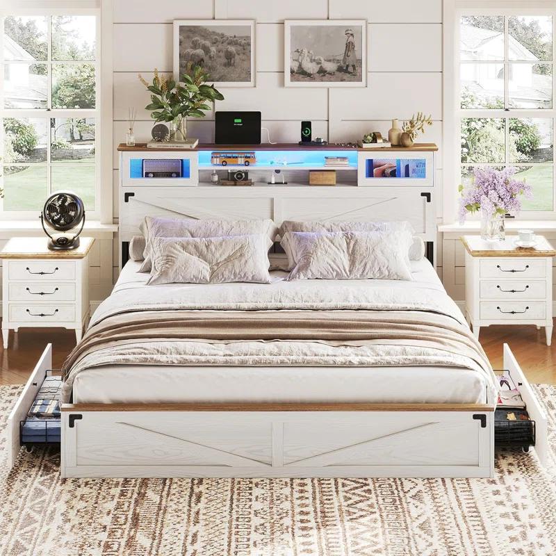 Ivy Bronx Farmhouse Bed Frame King Size With Bookcase Headboard And 2 Drawers, Wooden Platform King Bed With Led Lights And Charging Station, Rustic Accent Headboard With Sliding Door, White