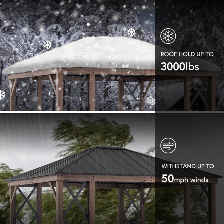 Sunjoy Sunjoy 13 ft. x 15 ft. Hardtop Gazebo, Outdoor Black Steel Roof Gazebo Aluminum Framed Gazebo with Planters and Ceiling Hook for Patio, Garden, and Backyard Activities