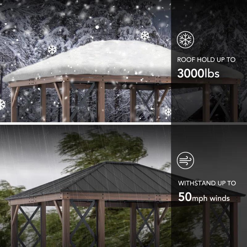 Sunjoy 13 ft. x 15 ft. Hardtop Gazebo, Outdoor Black Steel Roof Gazebo Aluminum Framed Gazebo with Planters and Ceiling Hook for Patio, Garden, and Backyard Activities