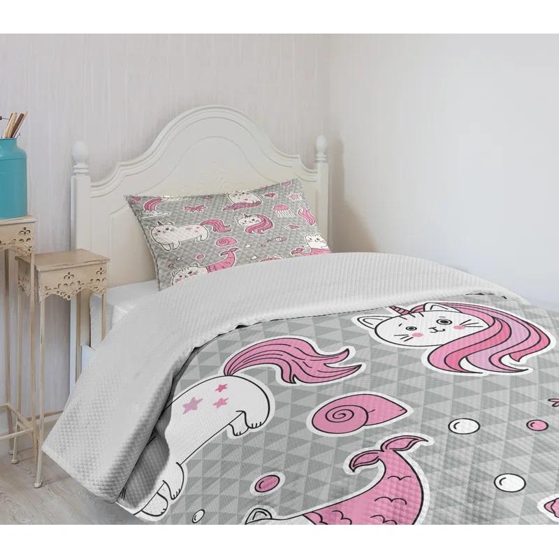Ambesonne Ambesonne Unicorn Cat Bedspread Set Mermaid Cat Grey Pale Pink White
