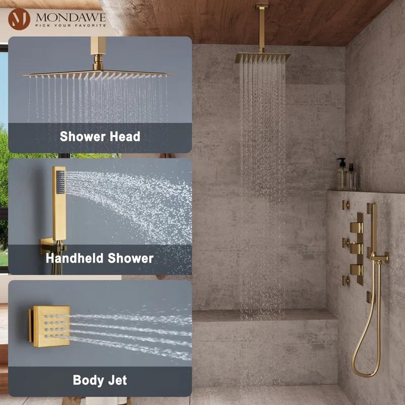 mondawe MD6865-BG Herathena 3 Functions Ceiling Mounted Thermostatic Shower System with 6 Body Jets