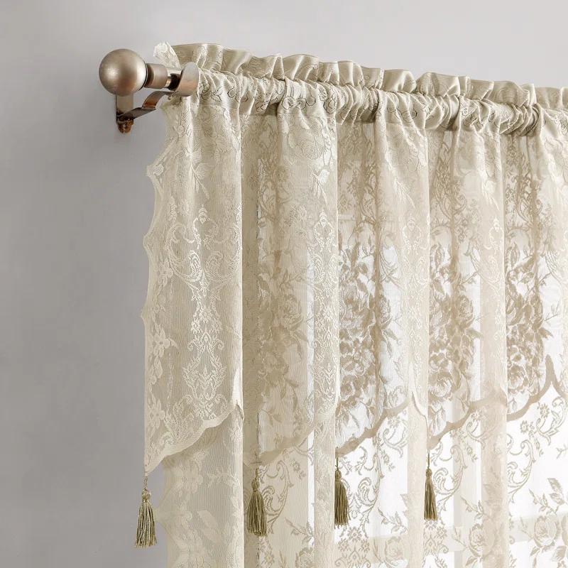 Rosdorf Park Rosdorf Park Pair Of 2 Sheer Lace Curtain Panels with Attached Matching Valance With 6 Tassels. (Set of 2)