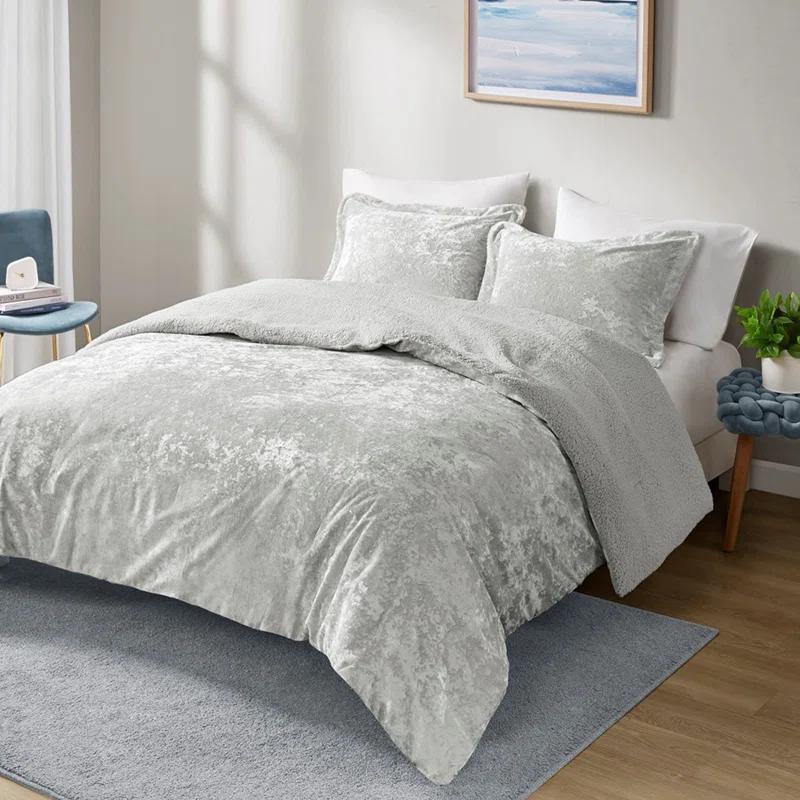 Twin/Twin XL Arabella Crushed Velvet to Faux Shearling Soft Reversible Teen Comforter Set Silver - Intelligent Design: Hypoallergenic Velvet Bedding
