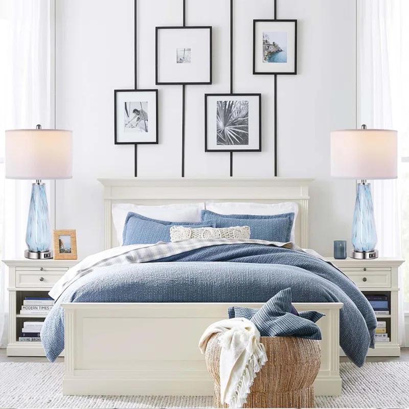 Brayden Studio® Modern Table Lamp Set Of 2 Touch Control, 27" Tall Faded Swirl Blue Gray Art Glass Bedside Lamp With USB Ports, 3-Way Dimmable Hand Crafted Nightstand Lamps White Drum Shade For Living Room, Bedroom