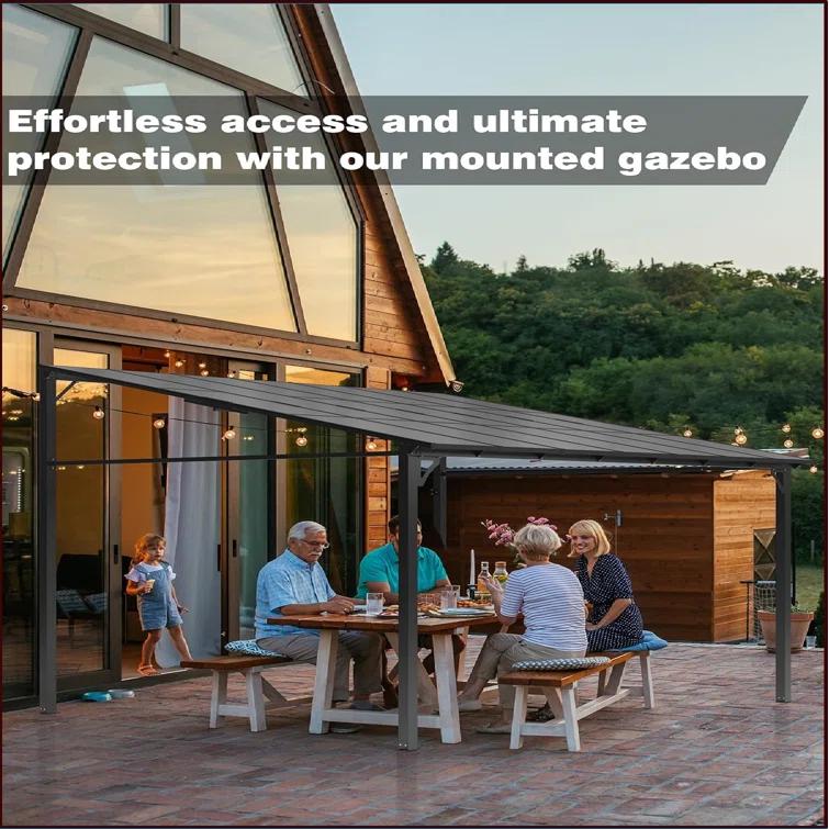 babevy 12' X 14' Lean To Gazebo, Hardtop Wall Pergola With Polycarbonate Roof, Aluminum Frame Mounted Gazebo For Lawn Patio Deck Yard And Party