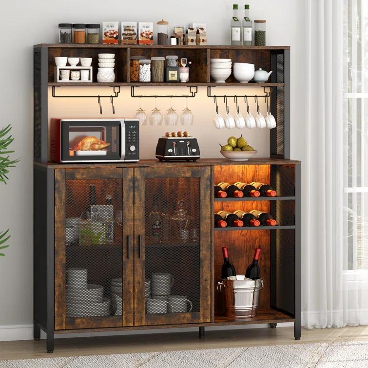 17 Stories Hoffarth 47.24'' Wine Bar Cabinet with LED Lights, Liquor Cabinet Coffee Bar Cabinet with 3 Storage Compartments & Wine Rack & Glass Holder