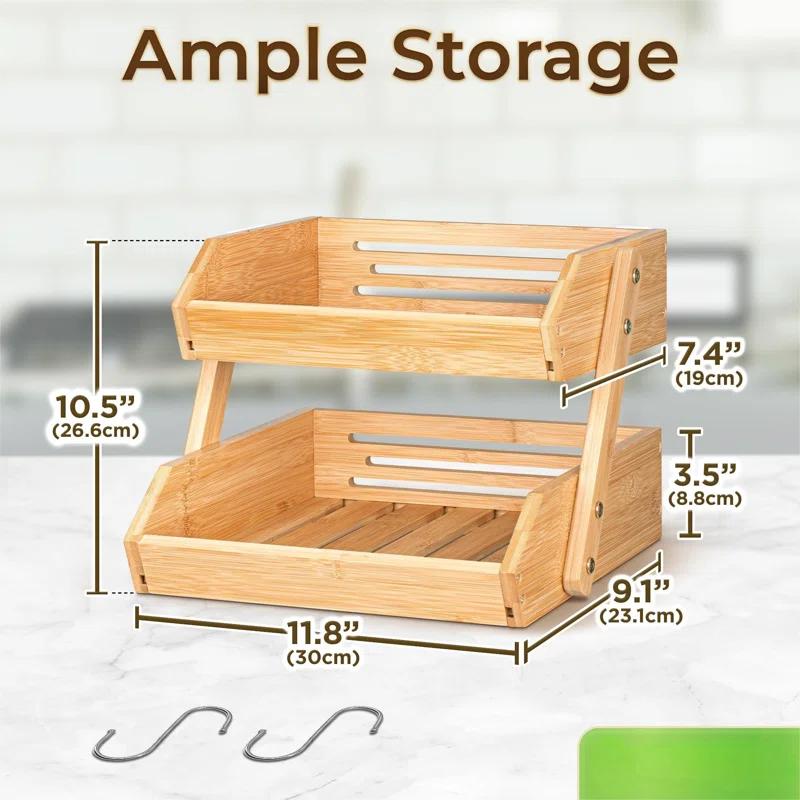 Foundry Select Fruit Basket W/Banana Hanger, 2-Tier Bamboo Fruit & Vegetable Storage Organizer For Kitchen Counter, Lightweight & Easy Assembly Countertop Fruit Stand Holder Bowl