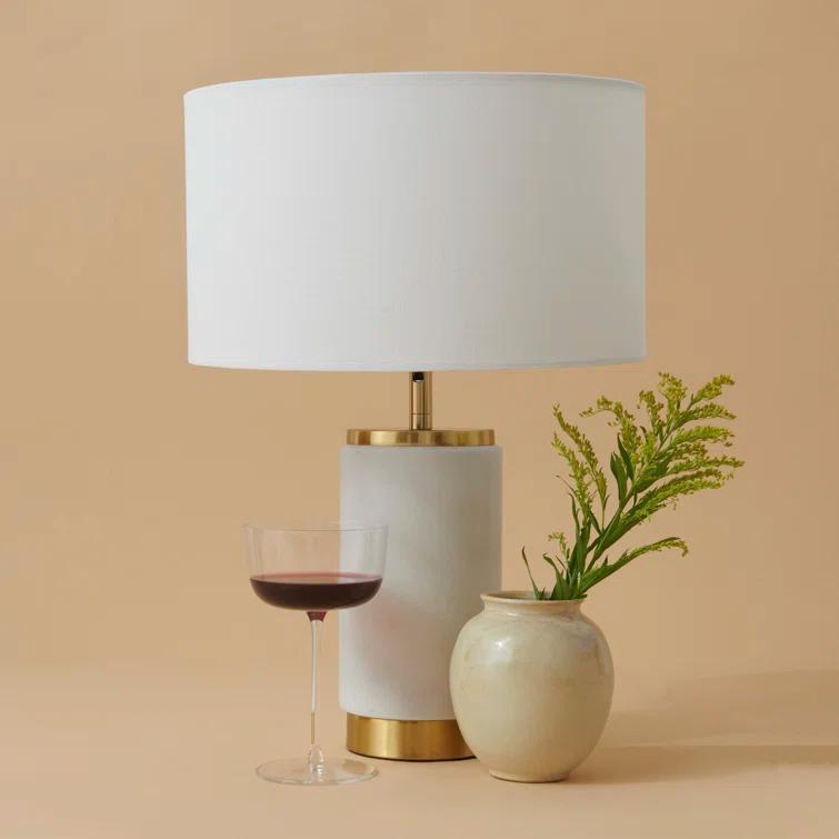 Brightech Arden 17 in. Mid-Century Modern LED Table Lamp with Fabric Drum Shade and USB Port