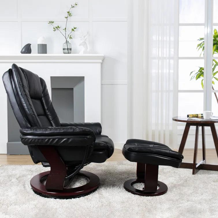 Snugway 32" Contemporary Leather Recliner and Ottoman with Swiveling Mahogany Wood Base