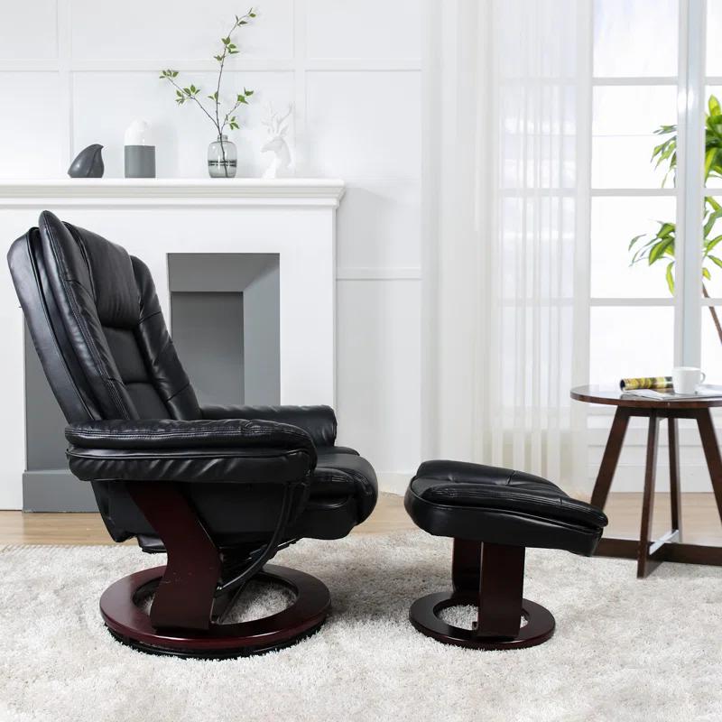 Snugway 32" Contemporary Leather Recliner and Ottoman with Swiveling Mahogany Wood Base