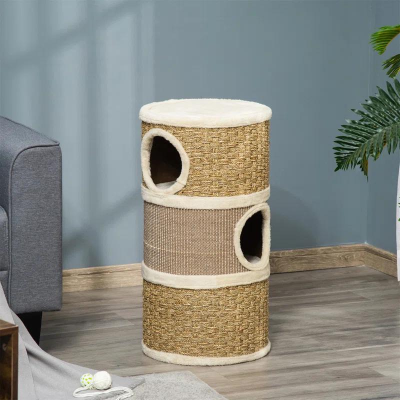George Oliver 28 Inch Cat Condo, 3 Story Cat Hideaway with Sisal Scratching Pad, Barrel Shaped Small Cat Tree