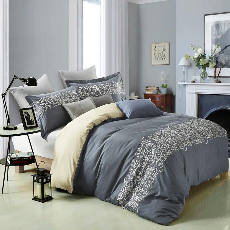 Superior Harrison Cotton Greek Key Embroidered 3 Piece Duvet Cover Set by Superior