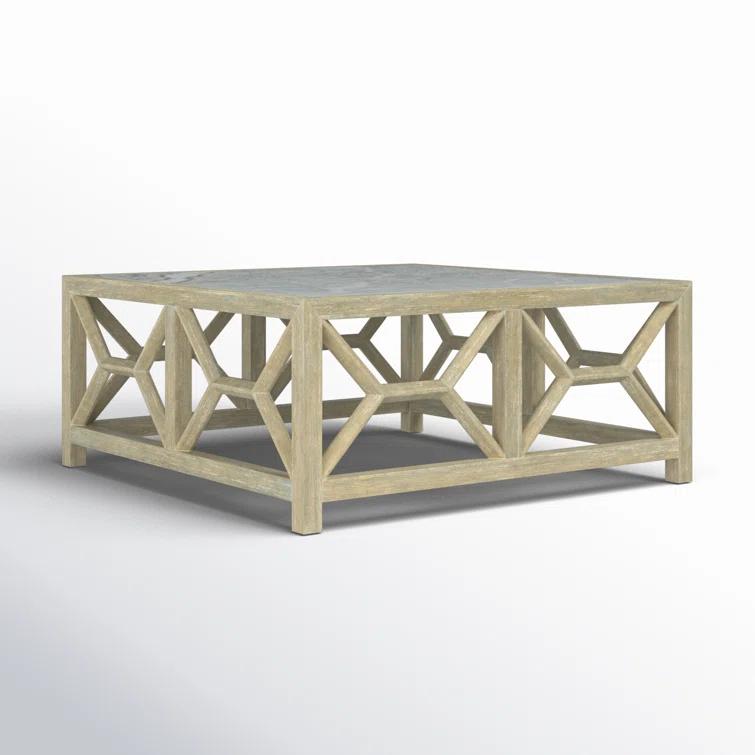 Driftwood Finish Square Wood Cocktail Table with Stone Veneer