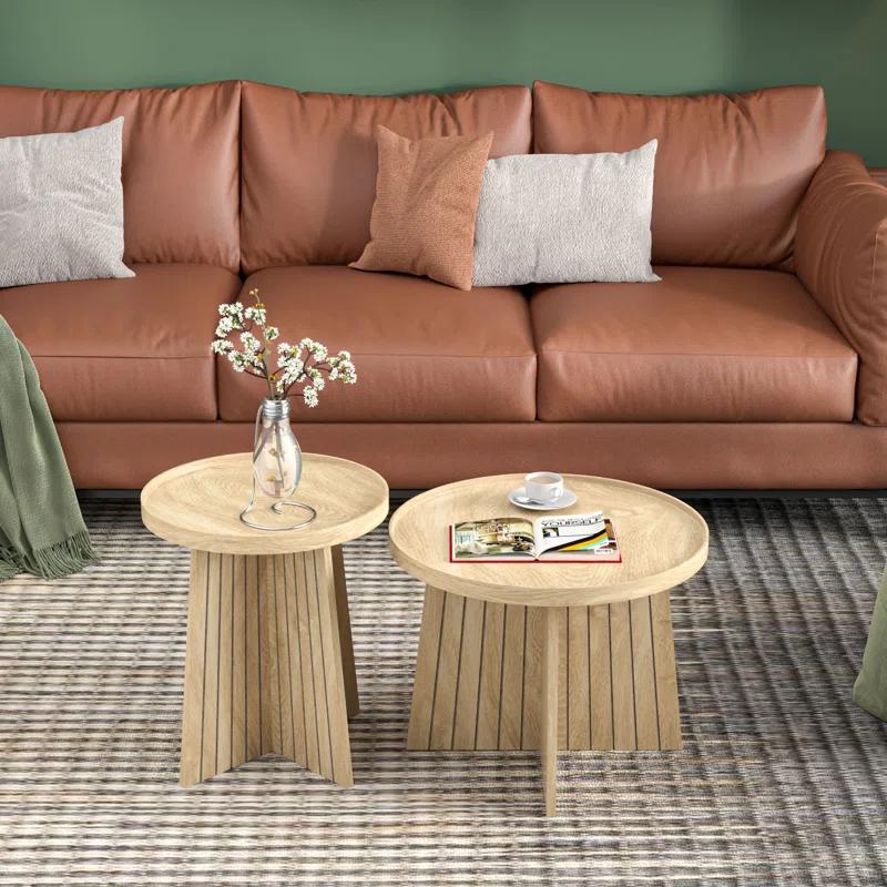 Gracie Oaks Round Fluted Nesting Coffee Table, 2 Piece Coffee Table Set For Living Room, Office, Balcony