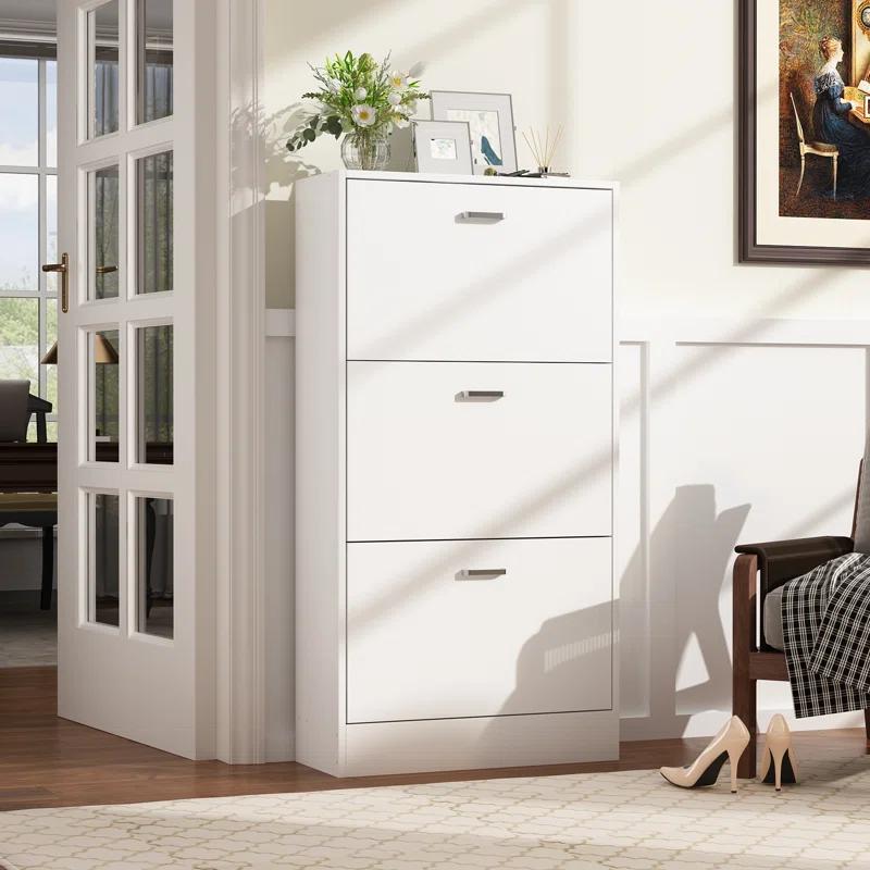 Elegant Freestanding 3-Tier Shoe Cabinet with Pull-Down Drawers, White